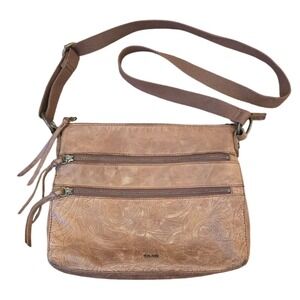 The Sak Reseda Brown Leather Embossed Crossbody Bag Boho‎ Western Triple Zipper